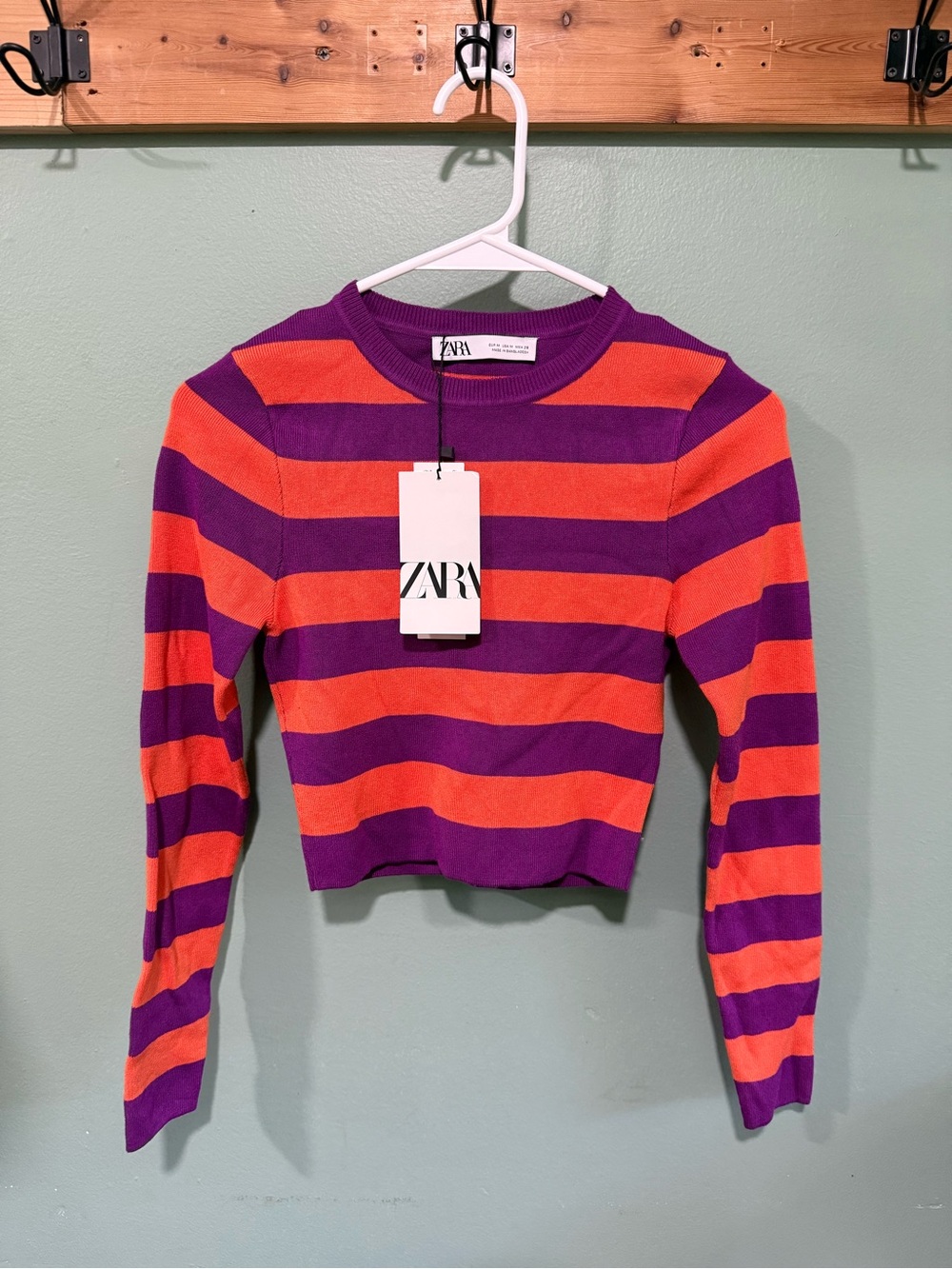 ZARA Purple and Orange Striped Long-Sleeve Crop Sweater